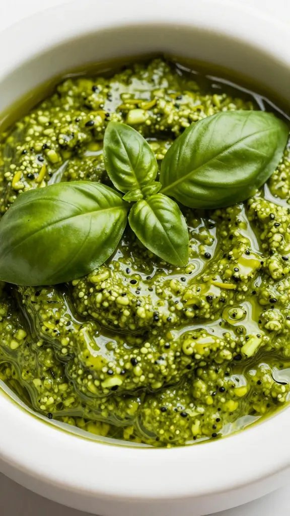mortar of bright basil pesto with olive sheen, macro closeup
