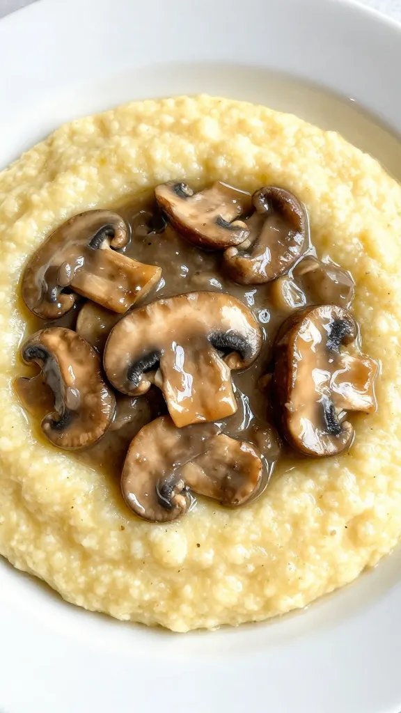 closeup bowl of creamy polenta topped with glossy mushroom ragù