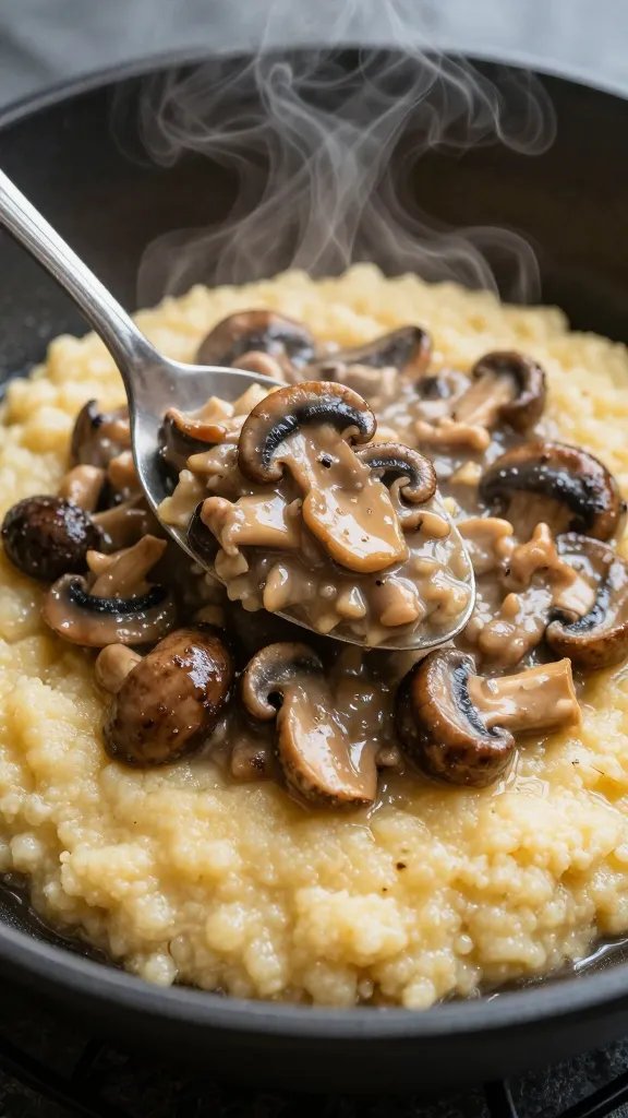 spoonful of mushroom ragù over polenta, steam visible