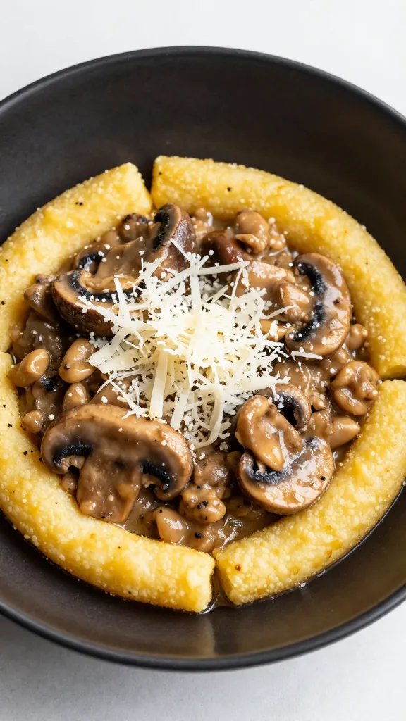 parmesan-dusted polenta with mushroom ragù in matte black bowl
