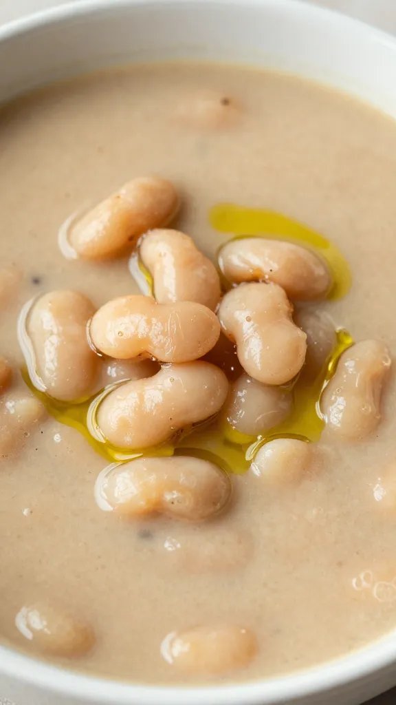 closeup bowl of Tuscan white bean soup with olive oil