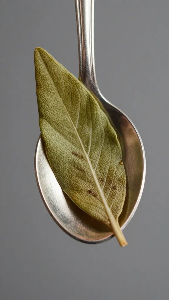 single browned butter sage leaf on silver spoon, macro