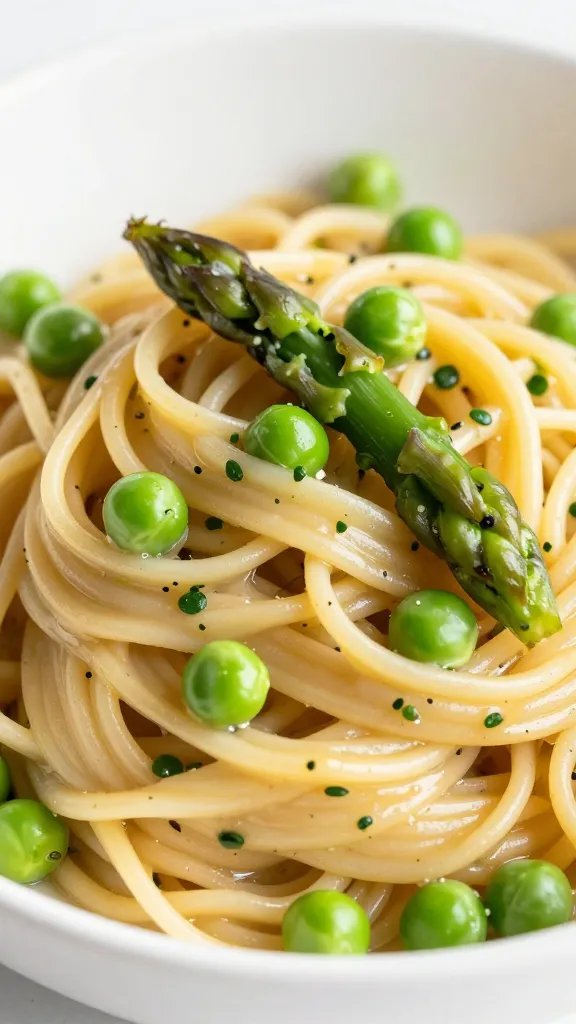 closeup bowl of pasta primavera with asparagus and peas