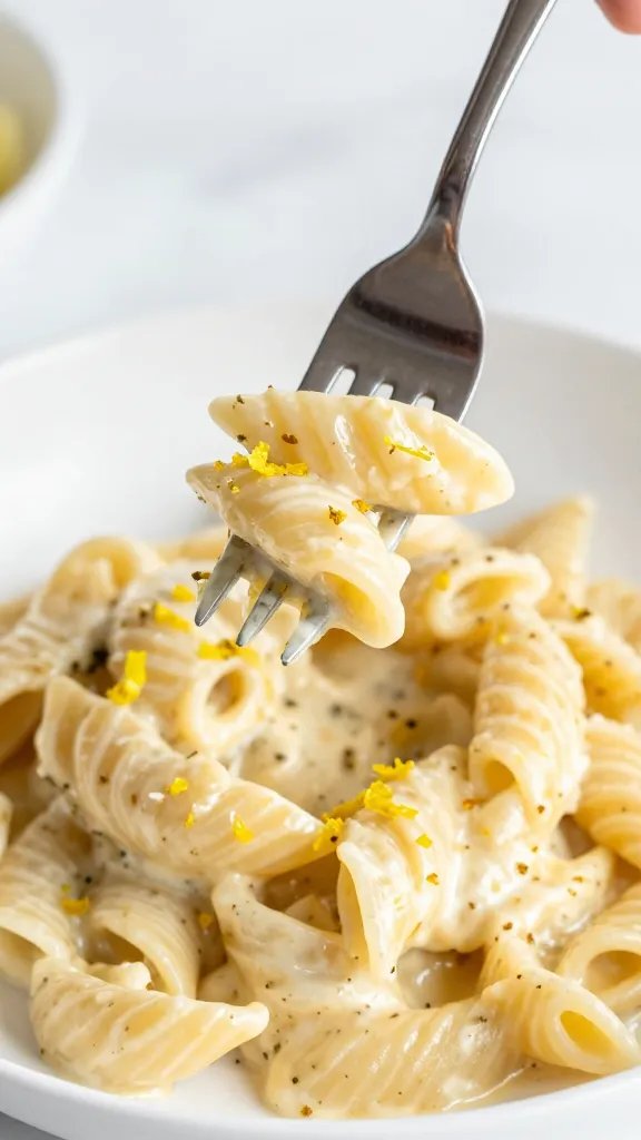 single fork twirl of creamy pasta primavera, lemon zest garnish