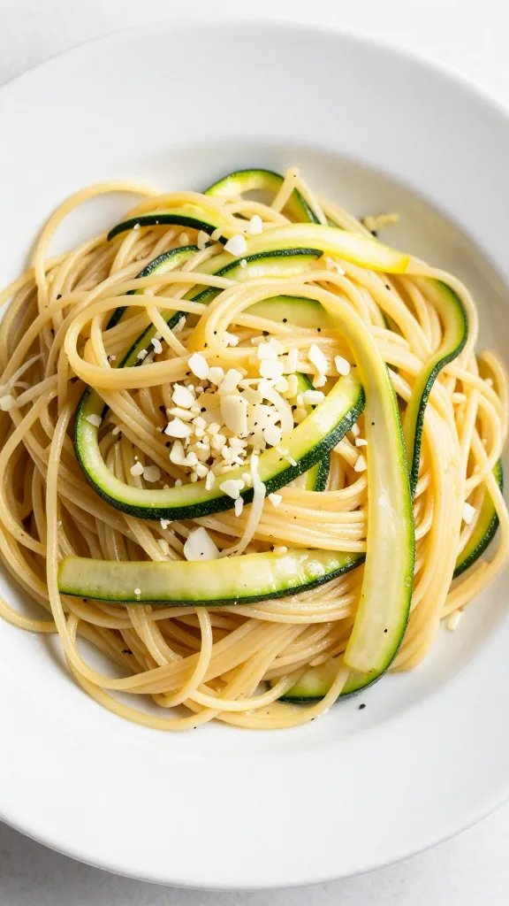 white plate of lemon-garlic pasta primavera, sautéed zucchini ribbons