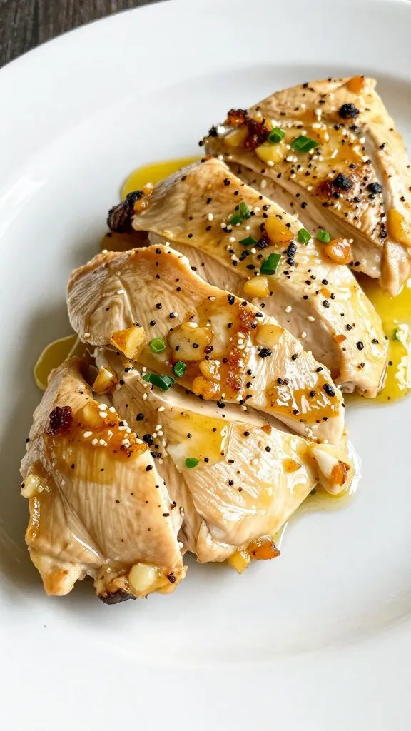 closeup of garlic butter chicken piccata on white plate