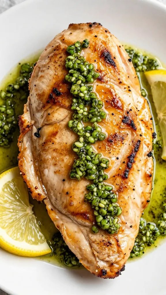 seared chicken cutlet with lemon-caper sauce, overhead closeup
