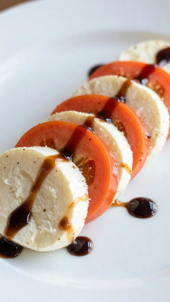 closeup caprese salad on matte white plate, balsamic drizzle