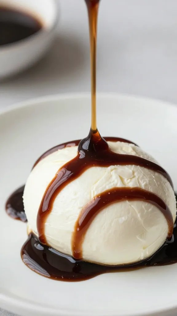 thick balsamic glaze stream over fresh mozzarella slice