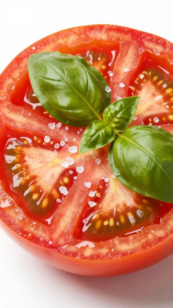 glossy heirloom tomato slice with basil leaf and sea salt
