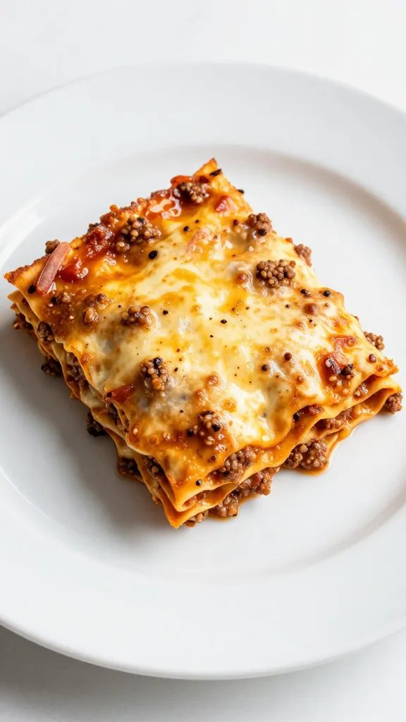 bubbling lasagna bolognese slice on white ceramic plate