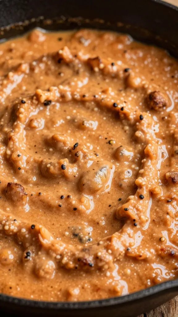closeup of silky bolognese ragu in cast-iron pan