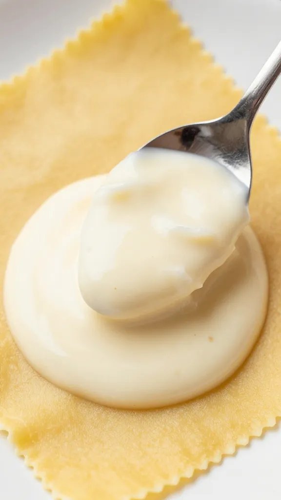 spoonful of creamy parmesan béchamel over pasta sheet