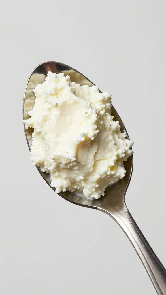 spoonful of ricotta-spinach filling in stainless steel spoon