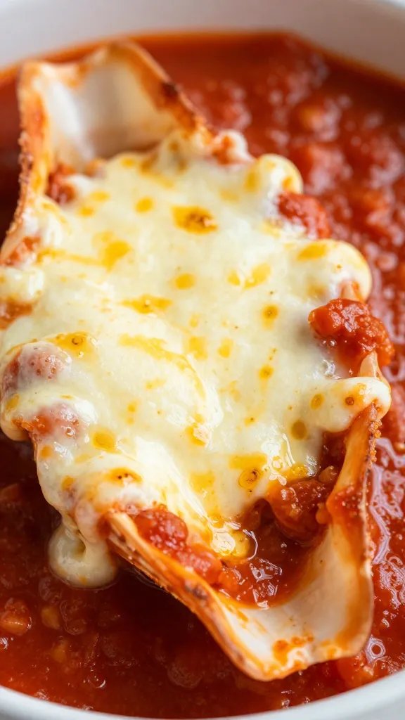 bubbling marinara-coated stuffed shell under melted mozzarella, macro shot