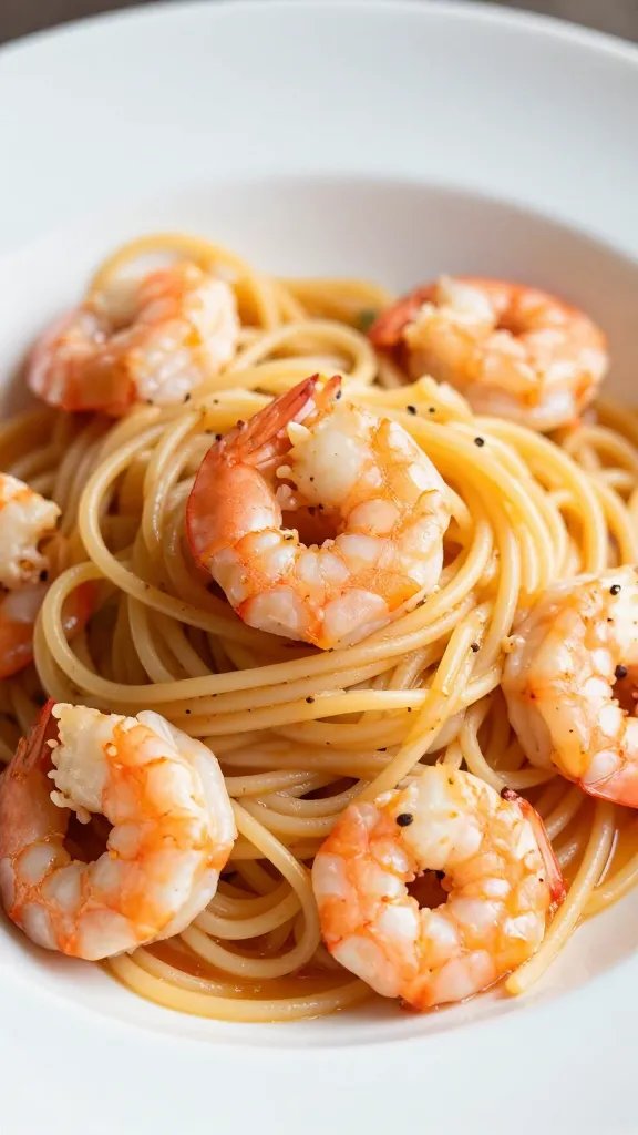 closeup of shrimp scampi linguine in a white shallow bowl