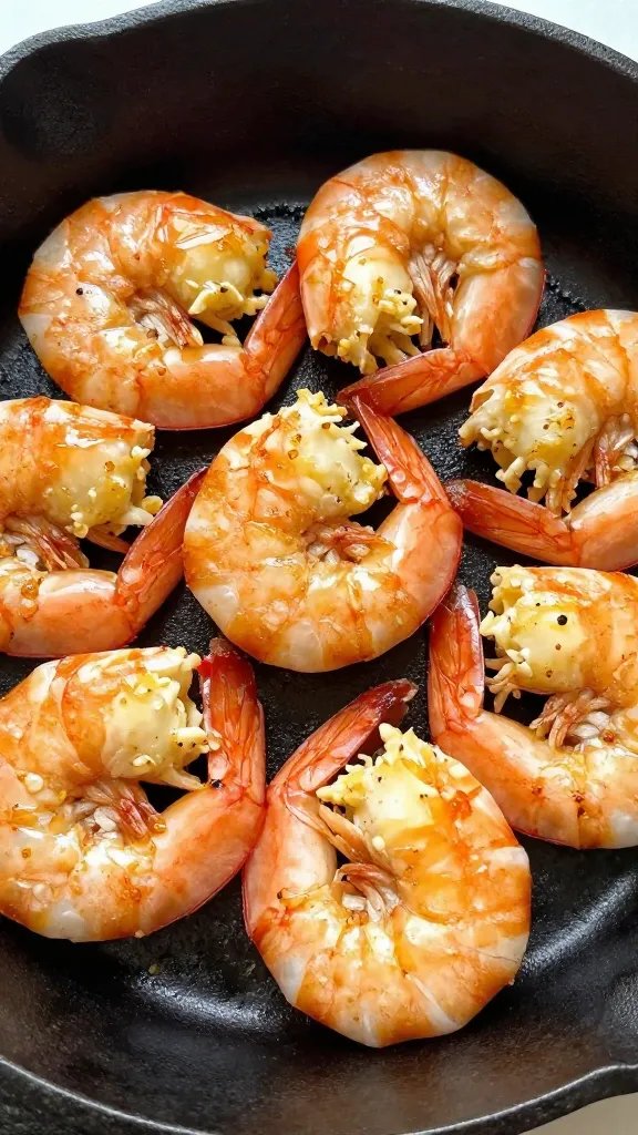 golden-browned shrimp in garlic butter, cast-iron skillet closeup
