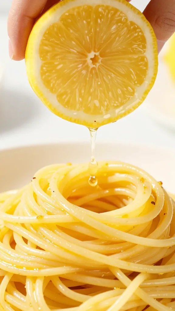 lemon wedge squeezed over linguine, glossy buttered noodles closeup
