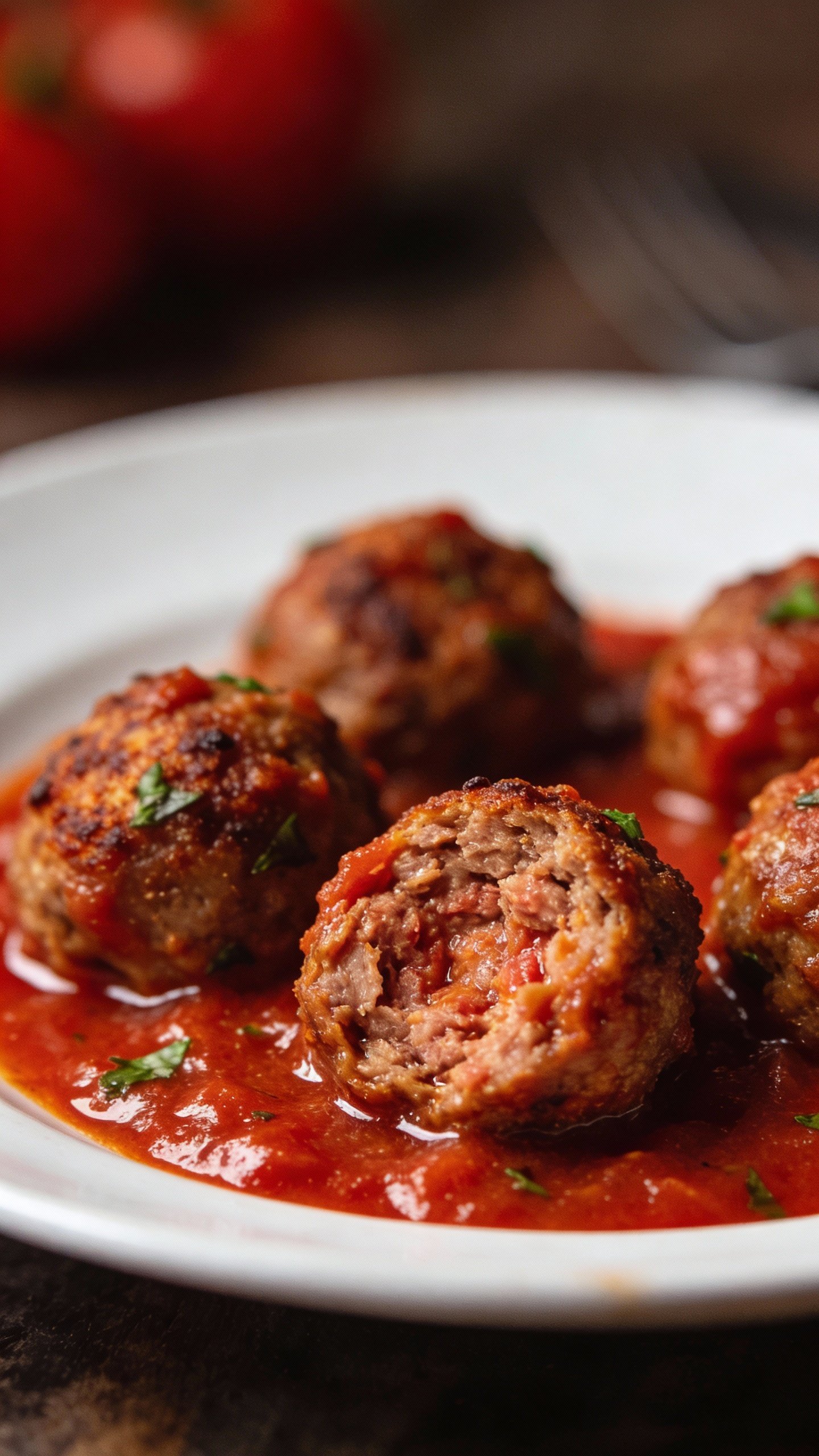 closeup of Italian meatballs in marinara on white plate