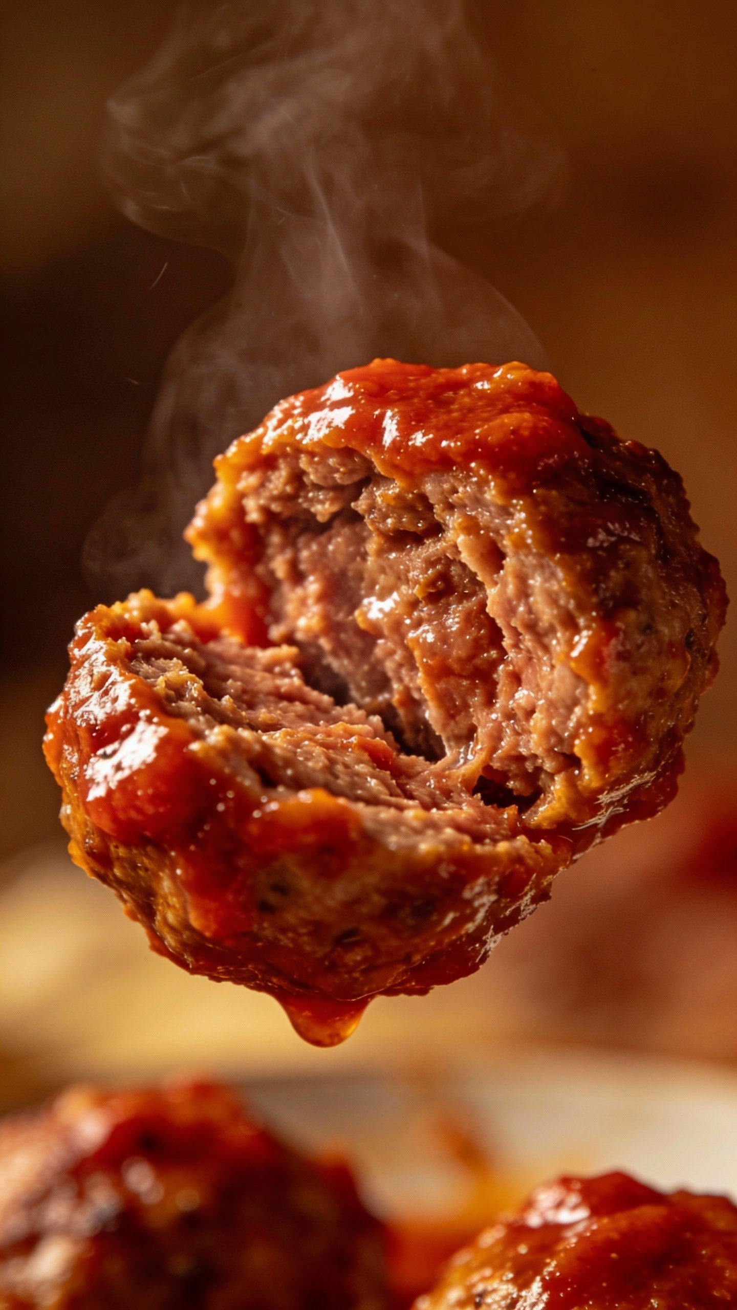 single meatball sliced open, steam rising, glossy marinara