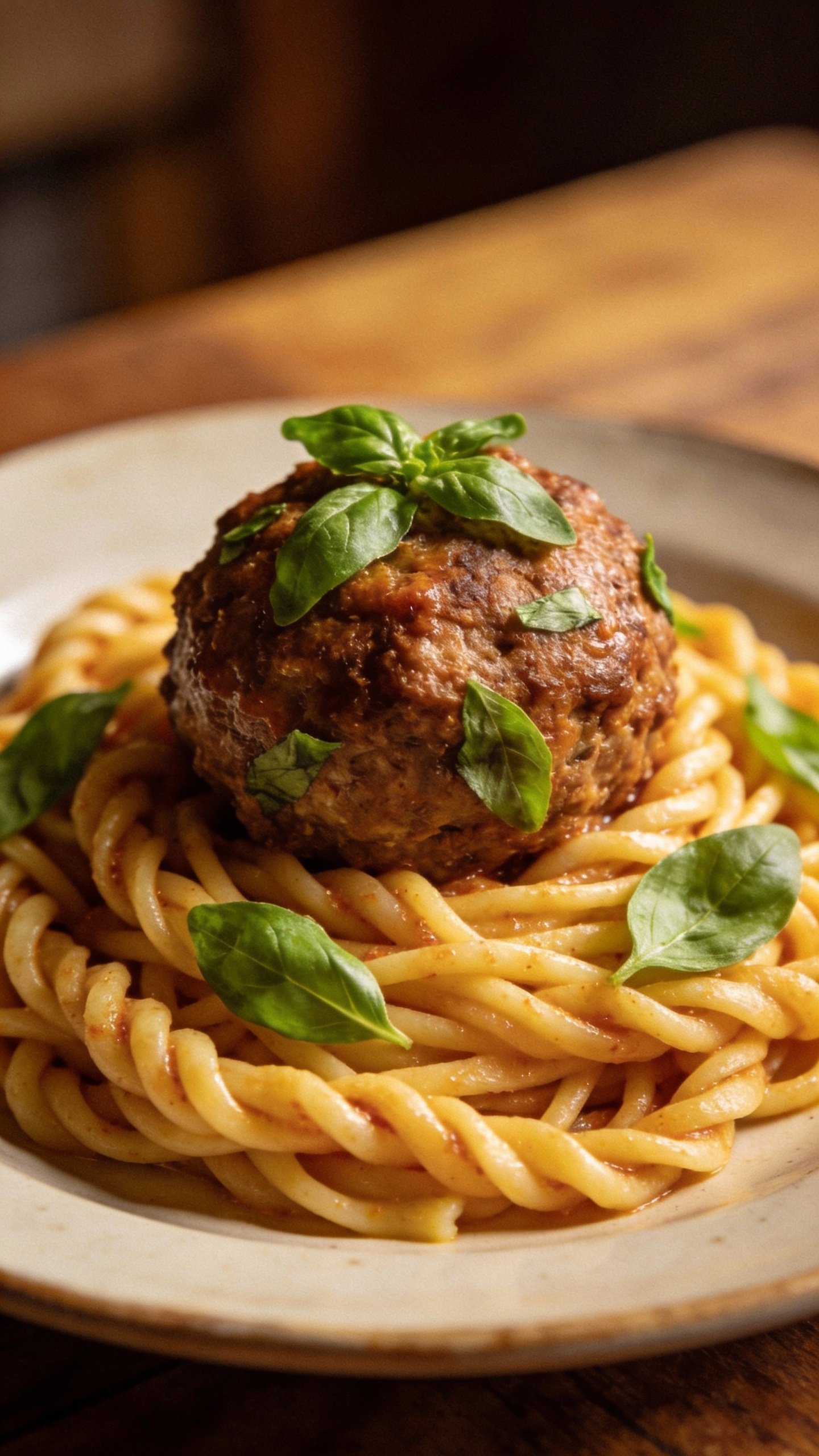 hand-twisted spaghetti topped with one meatball and basil