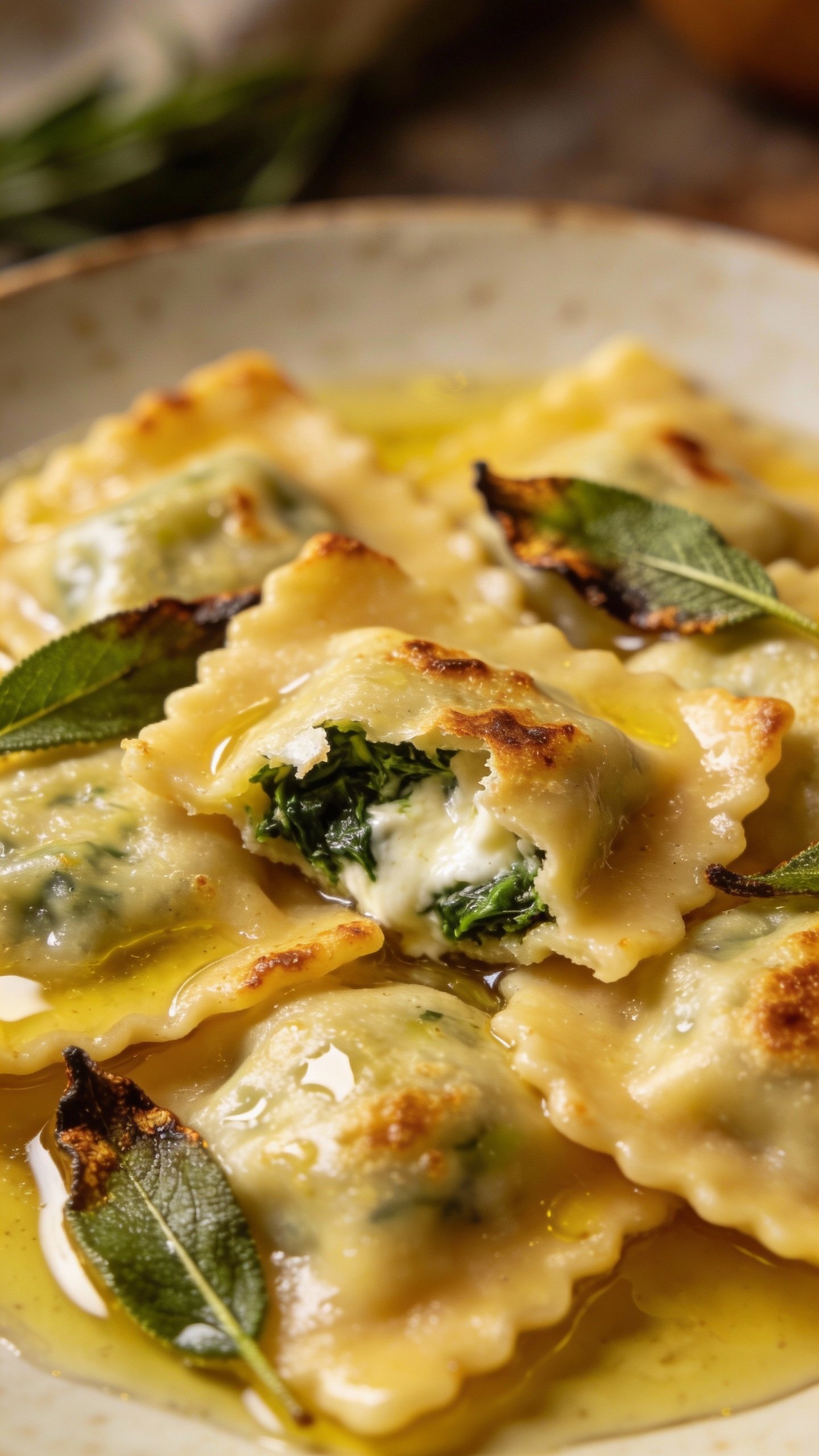 closeup of ricotta spinach ravioli with butter and sage