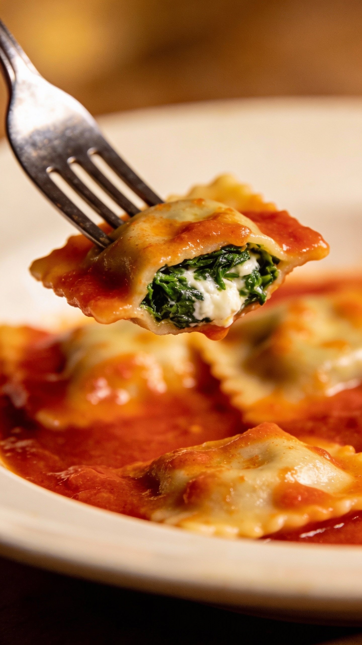 single forkful of ricotta spinach ravioli, tomato cream sauce