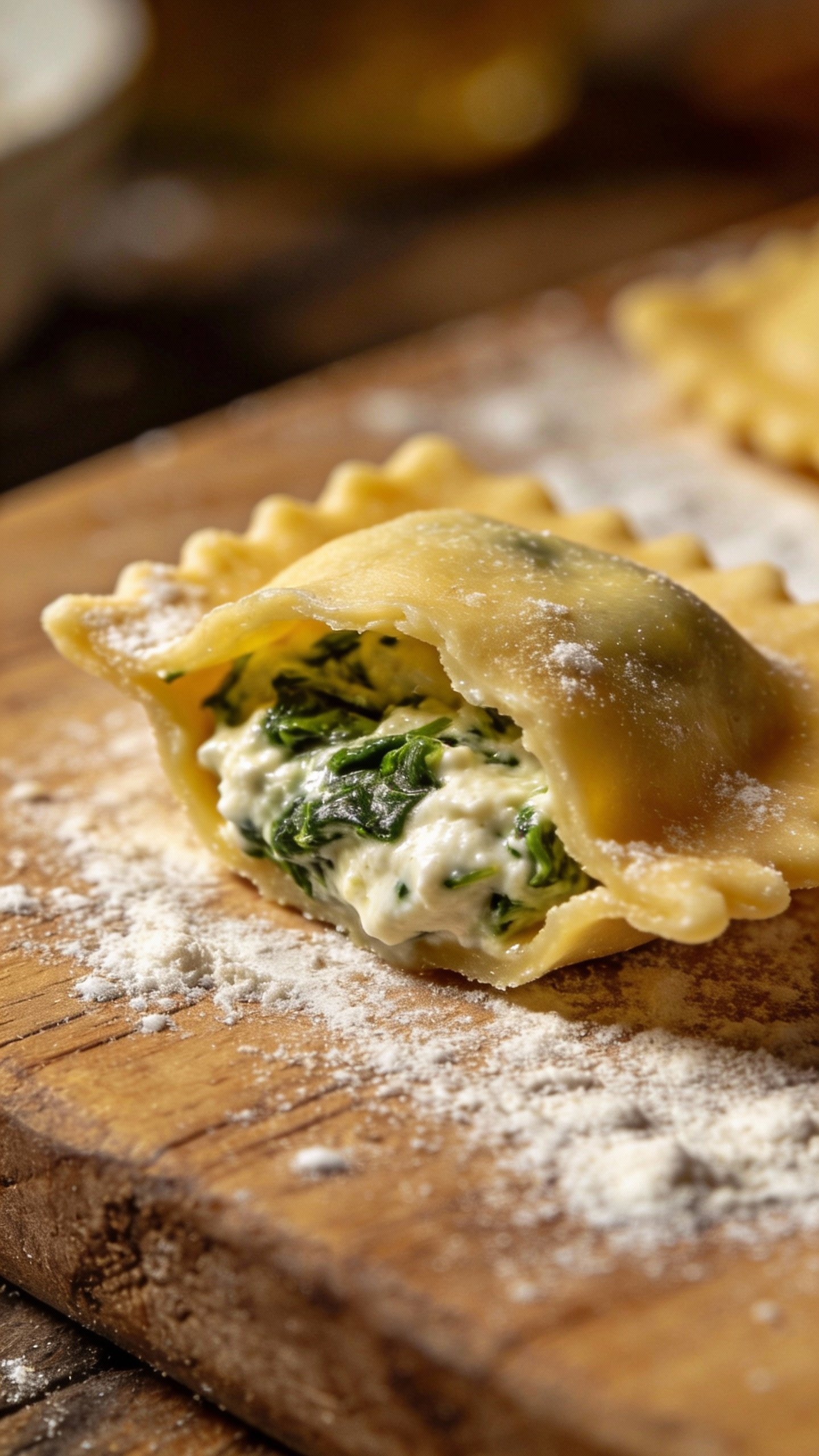 open ravioli showing ricotta-spinach filling on floured board