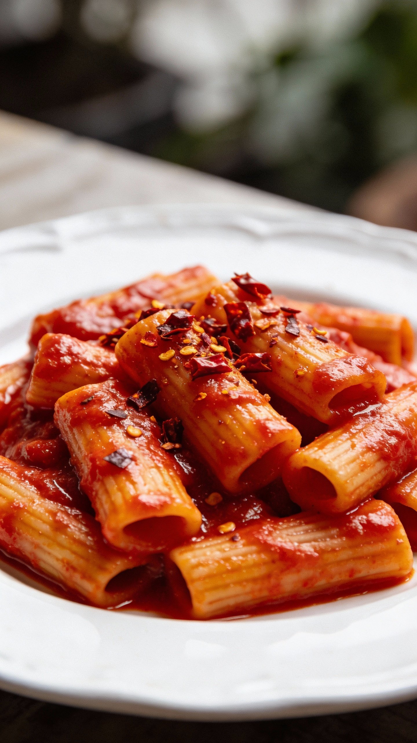 closeup plate of penne arrabbiata with chili flakes