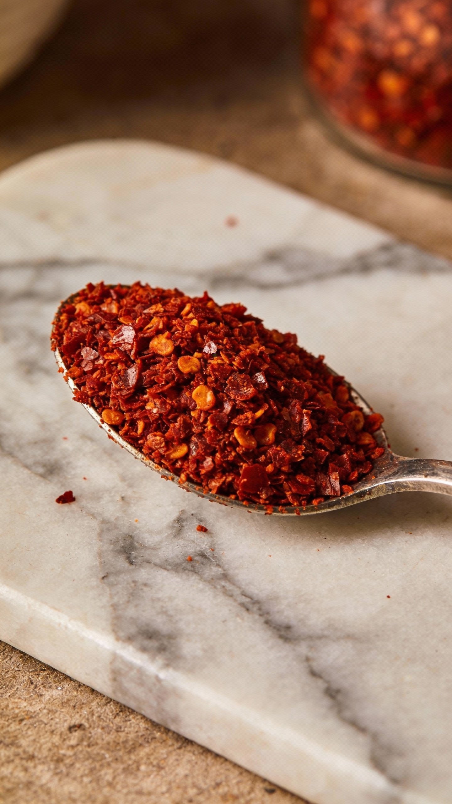 spoonful of crushed red pepper flakes on marble
