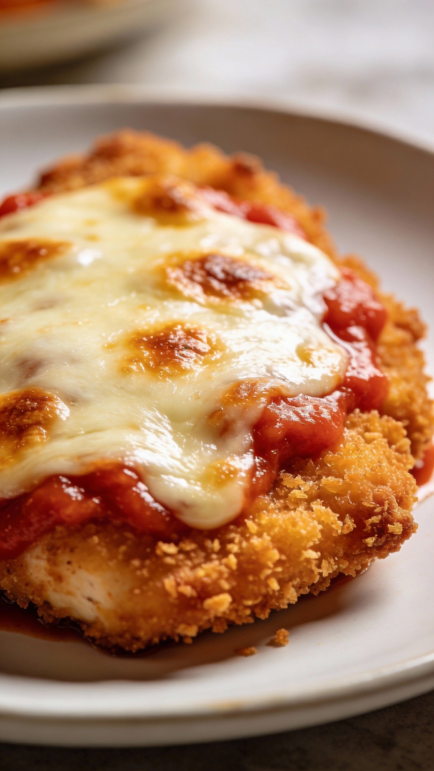 closeup of crispy baked chicken parmesan on white plate