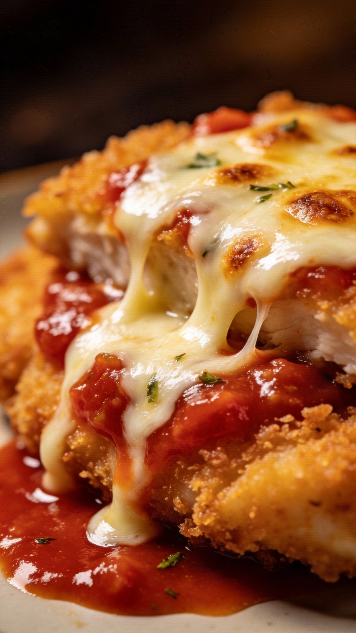 bubbling mozzarella-topped chicken cutlet with marinara, macro