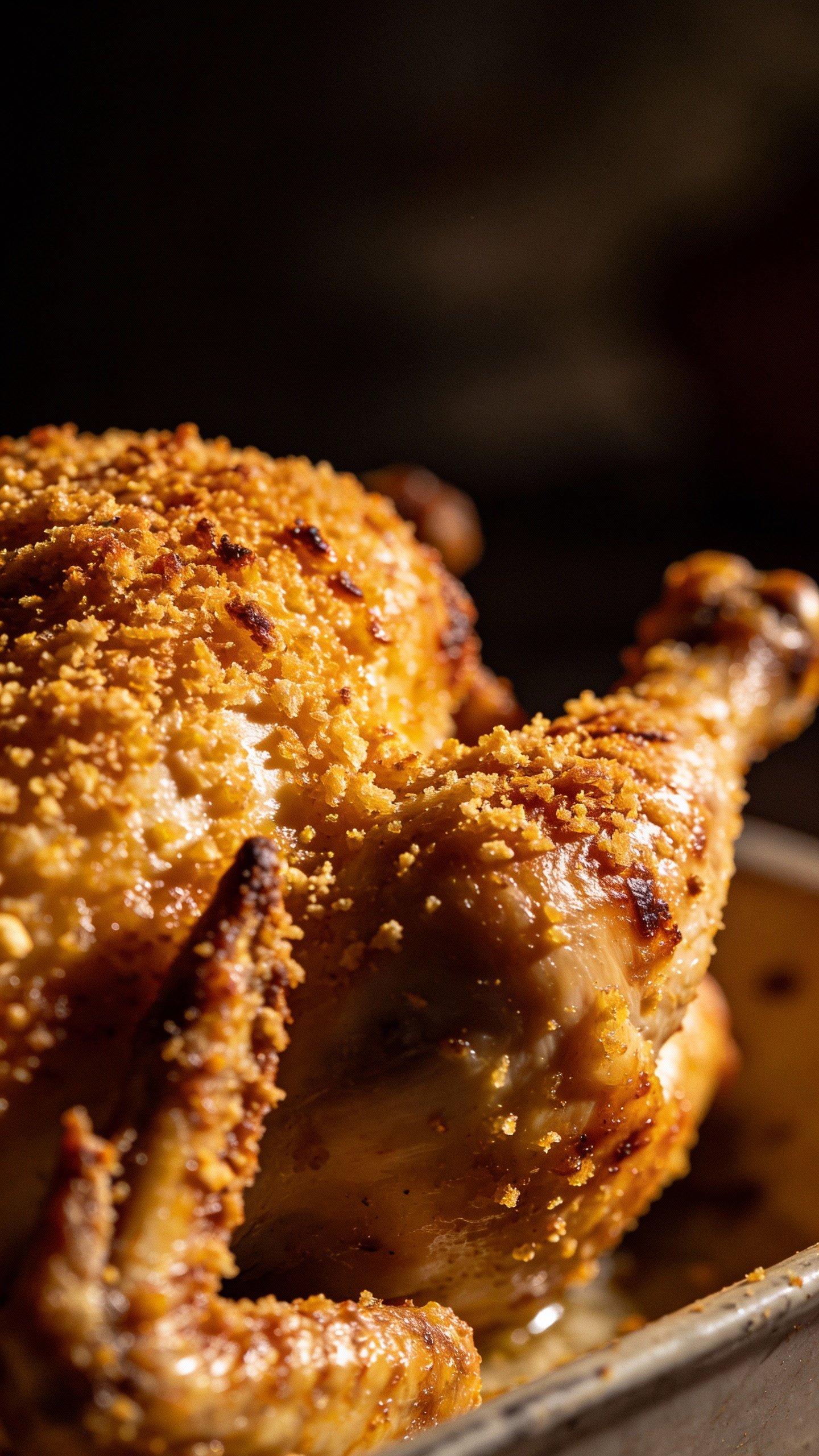 golden breadcrumb crust on baked chicken, dramatic side lighting