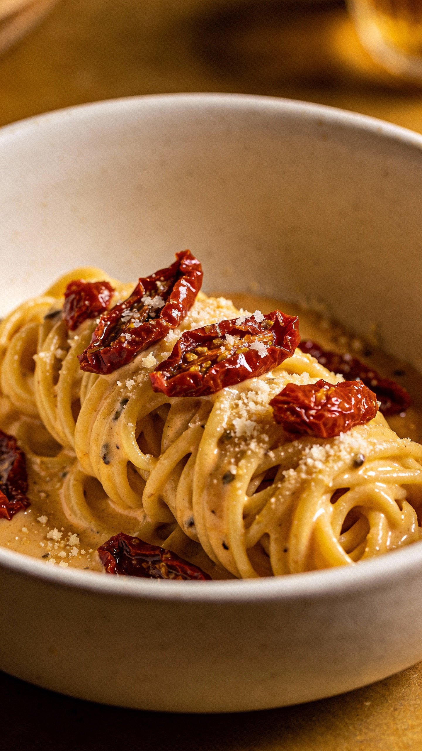 closeup bowl of sun-dried tomato cream pasta, parmesan dusting