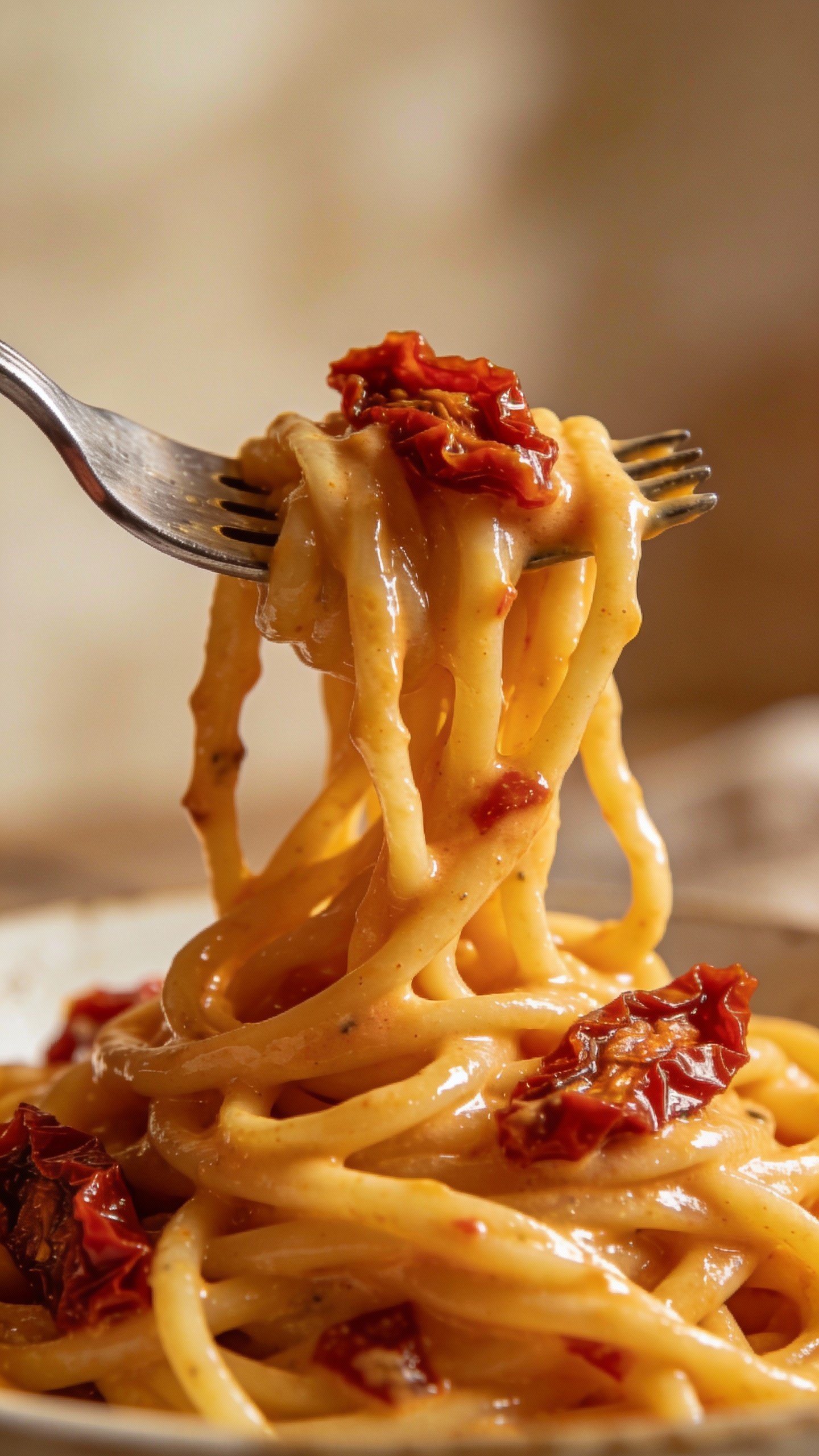 fork twirl of sun-dried tomato cream pasta, glossy sauce