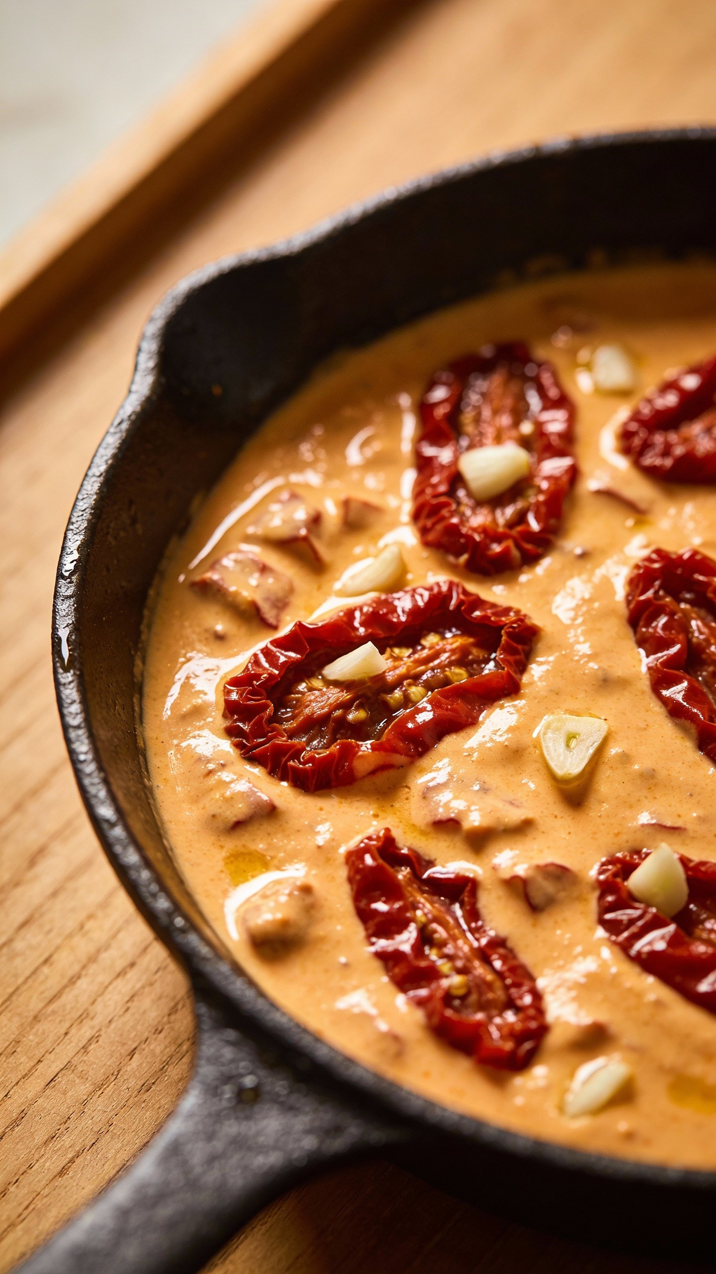 skillet of sun-dried tomato cream sauce, visible garlic flecks