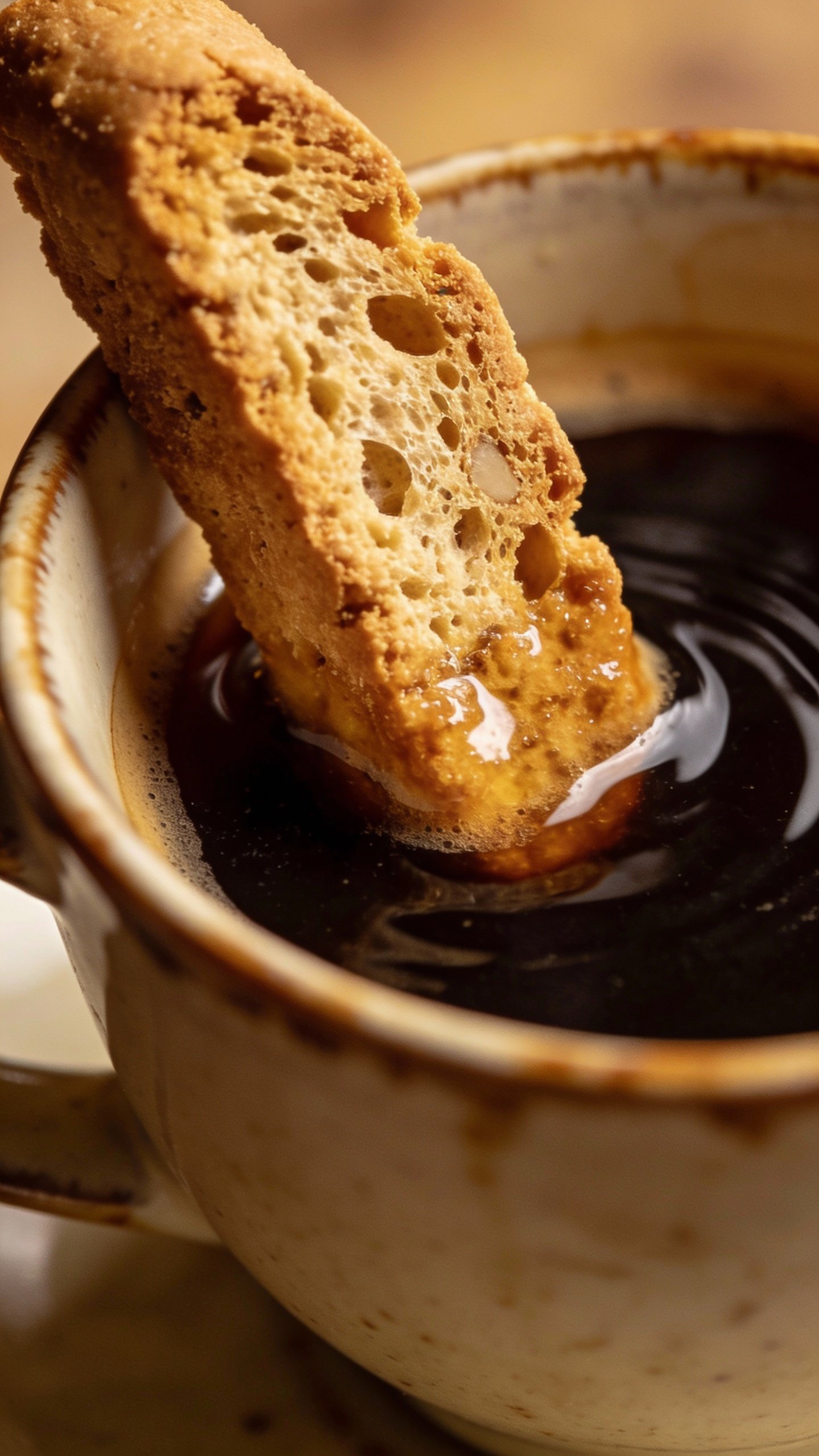 closeup of biscotti slice dunking into espresso cup