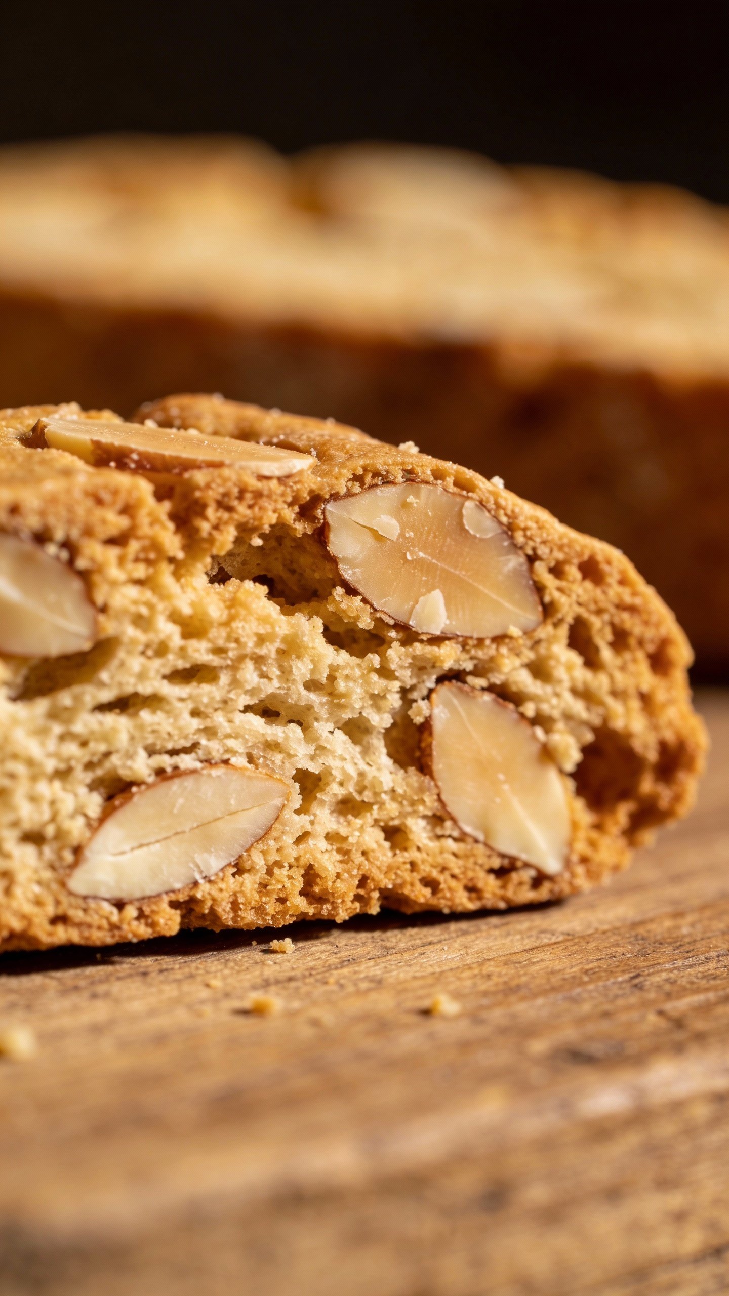 almond-studded biscotti end-on, showing crunchy interior