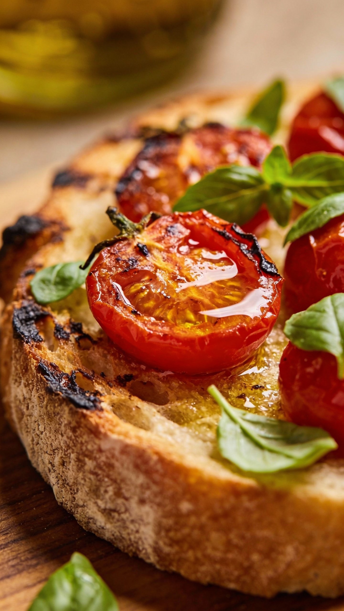 closeup roasted tomato bruschetta on charred sourdough slice
