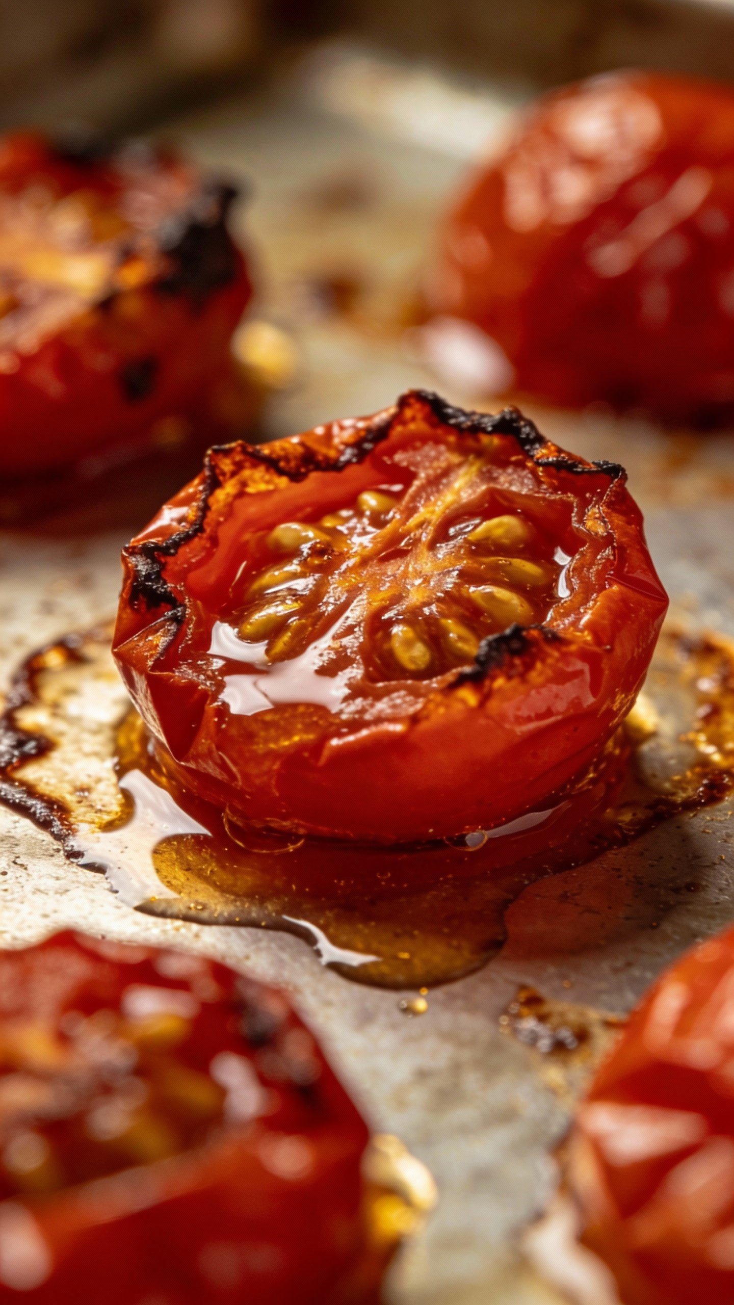 macro shot of jammy roasted cherry tomato on baking sheet