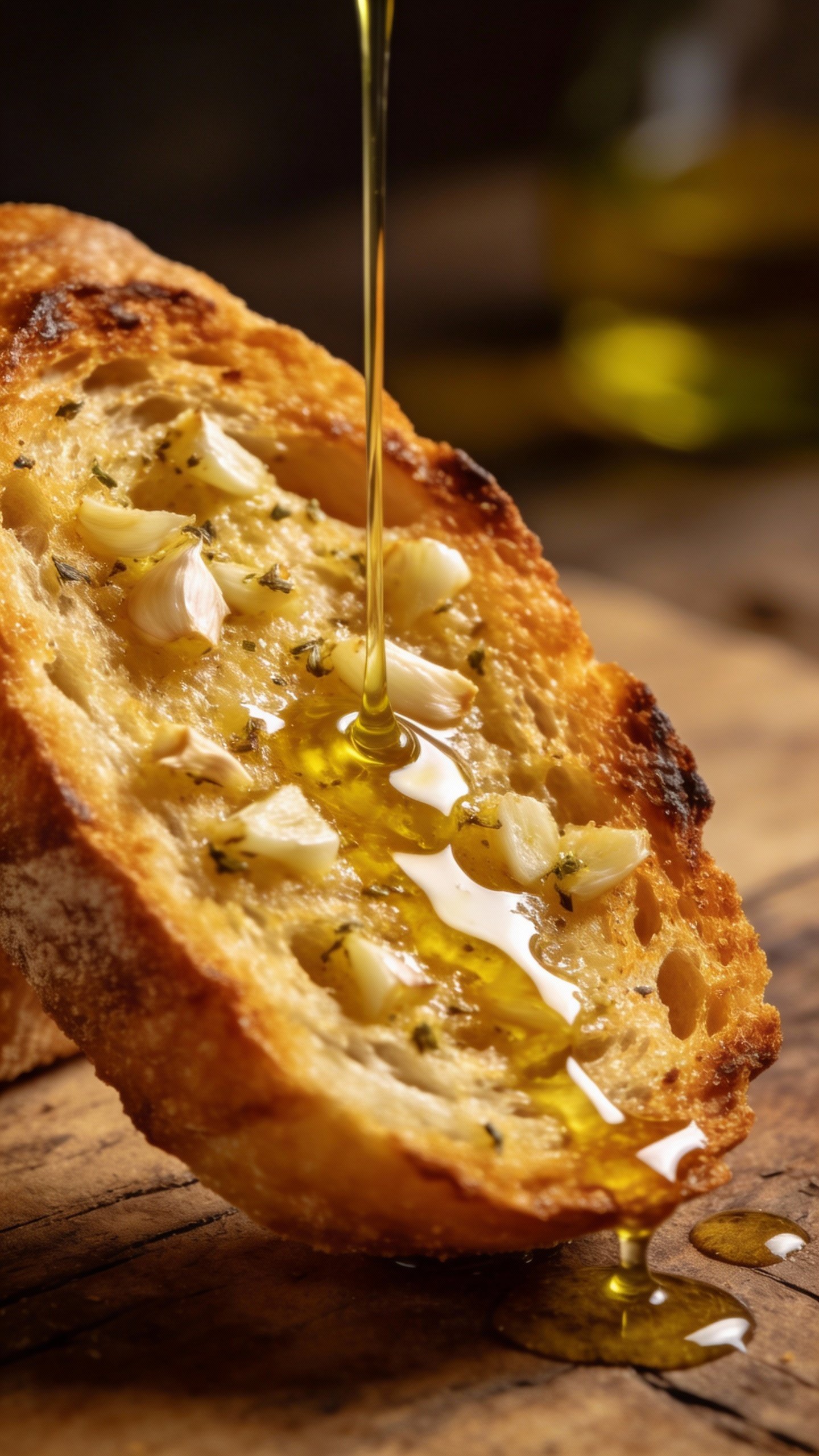 single garlic-rubbed toast with olive oil drizzle closeup