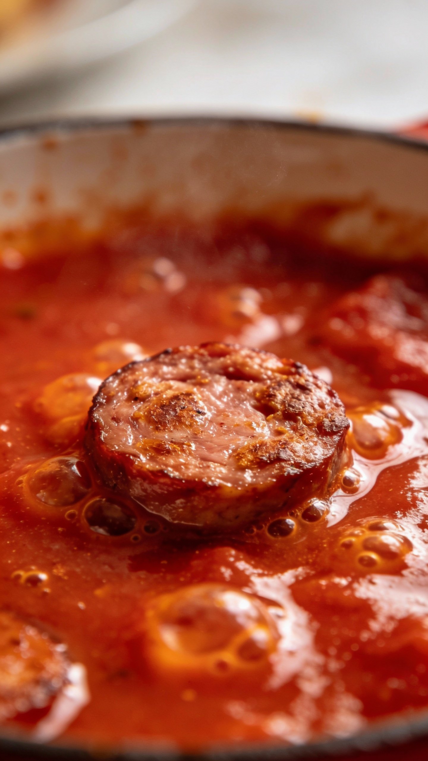 Closeup Tuscan sausage slice sizzling in tomato sauce