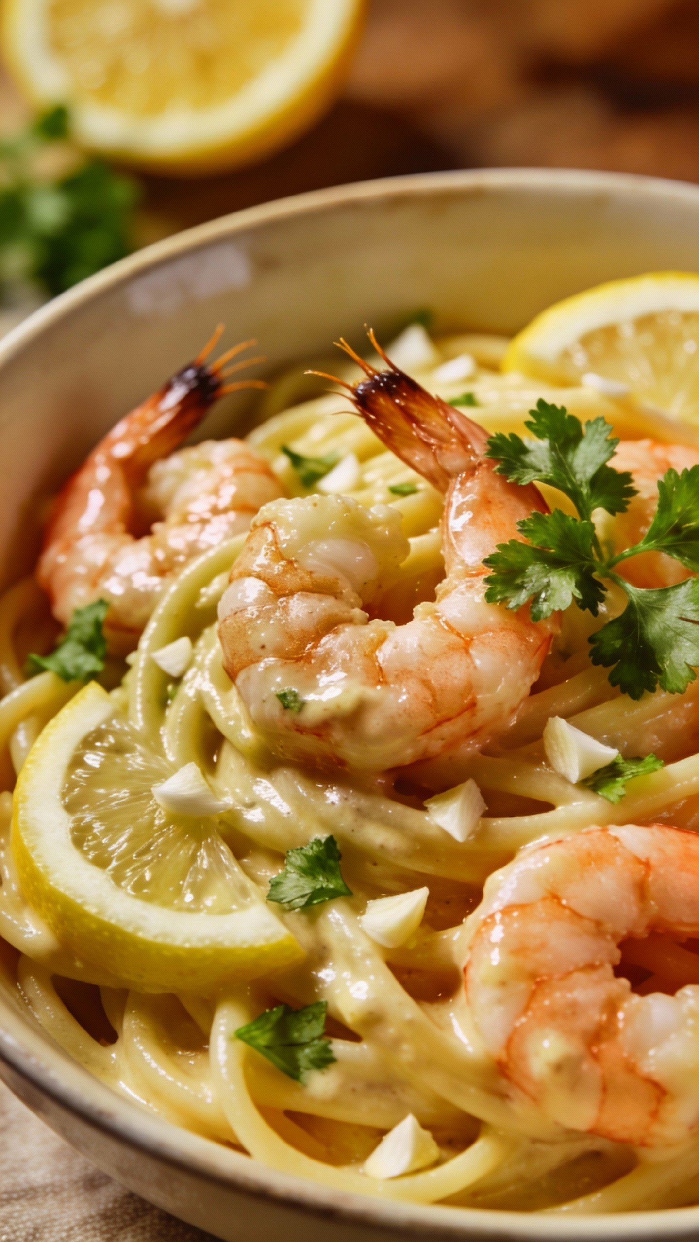 closeup bowl of lemon garlic shrimp pasta, tails-on, parsley