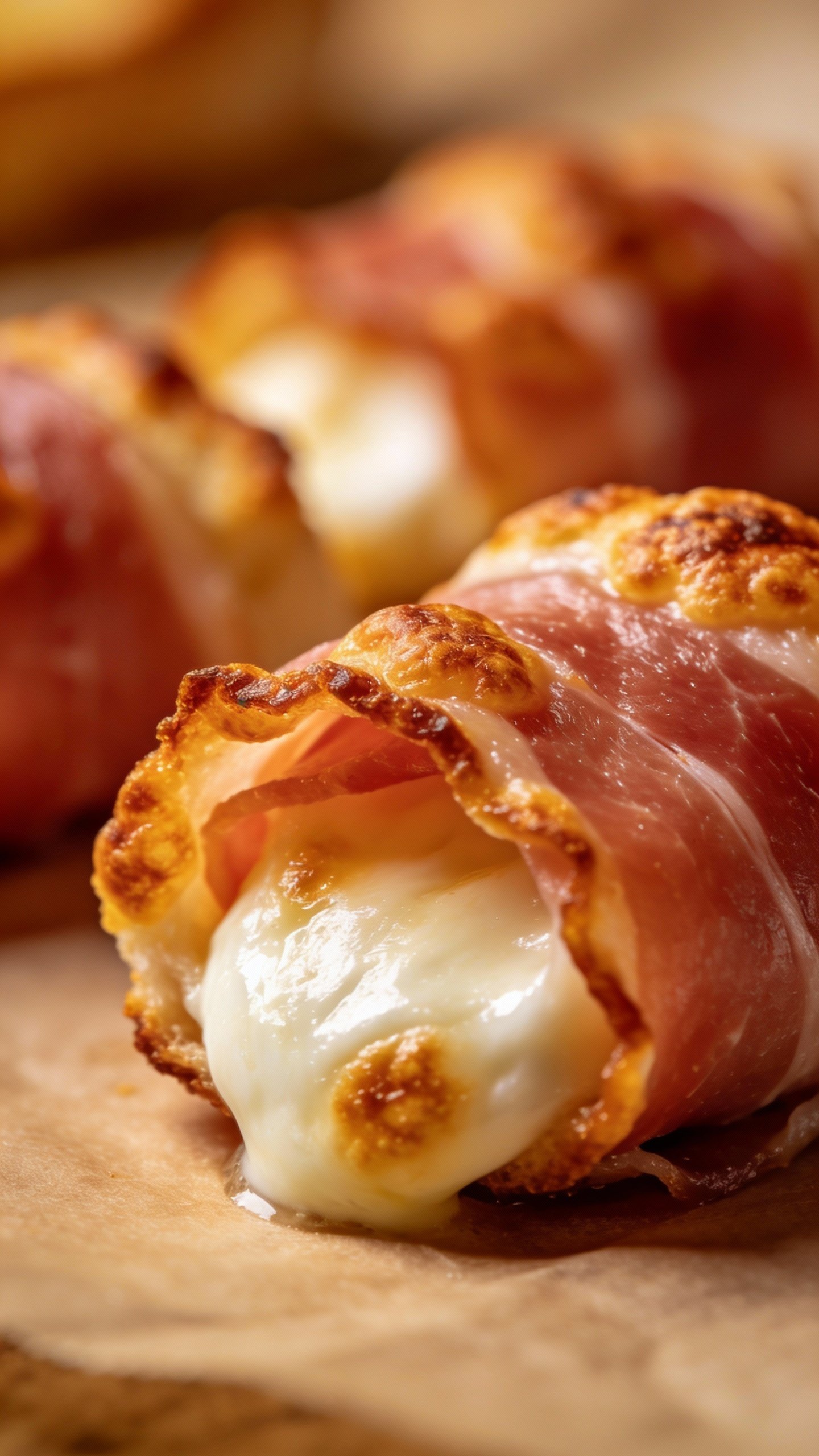 closeup prosciutto-wrapped mozzarella bite with golden blistered edges