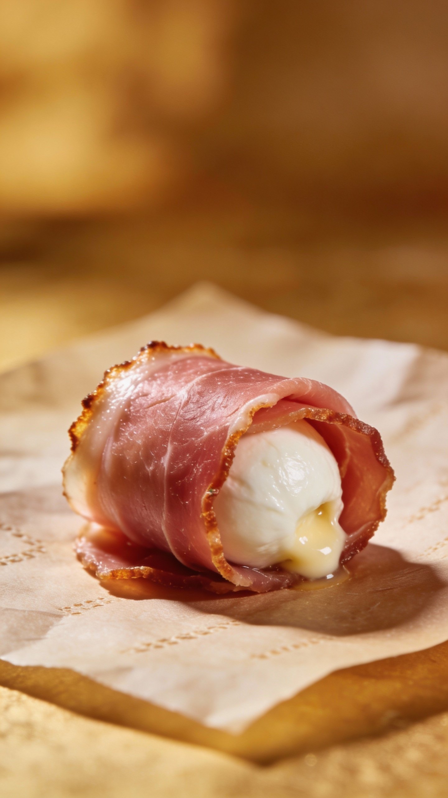 single prosciutto-wrapped ciliegine on parchment, gooey cheese peek