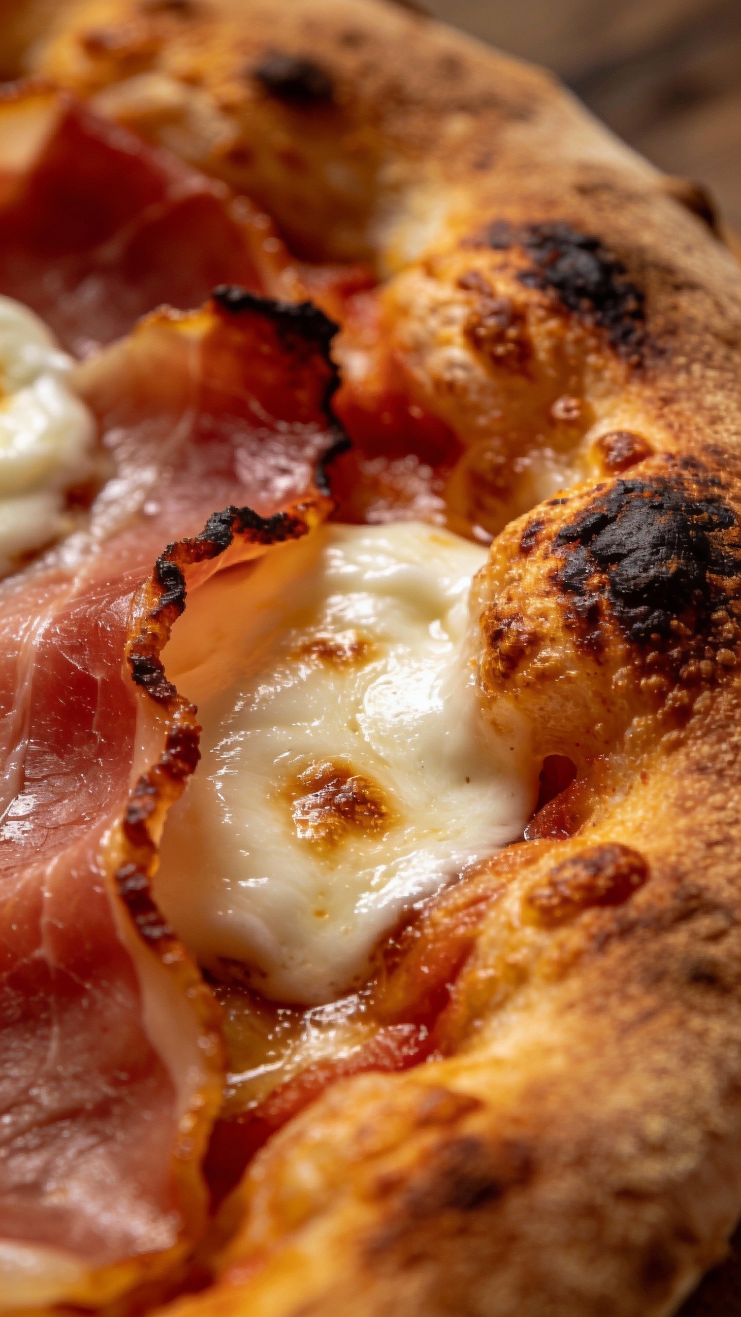 macro shot of charred prosciutto seam around melty mozzarella