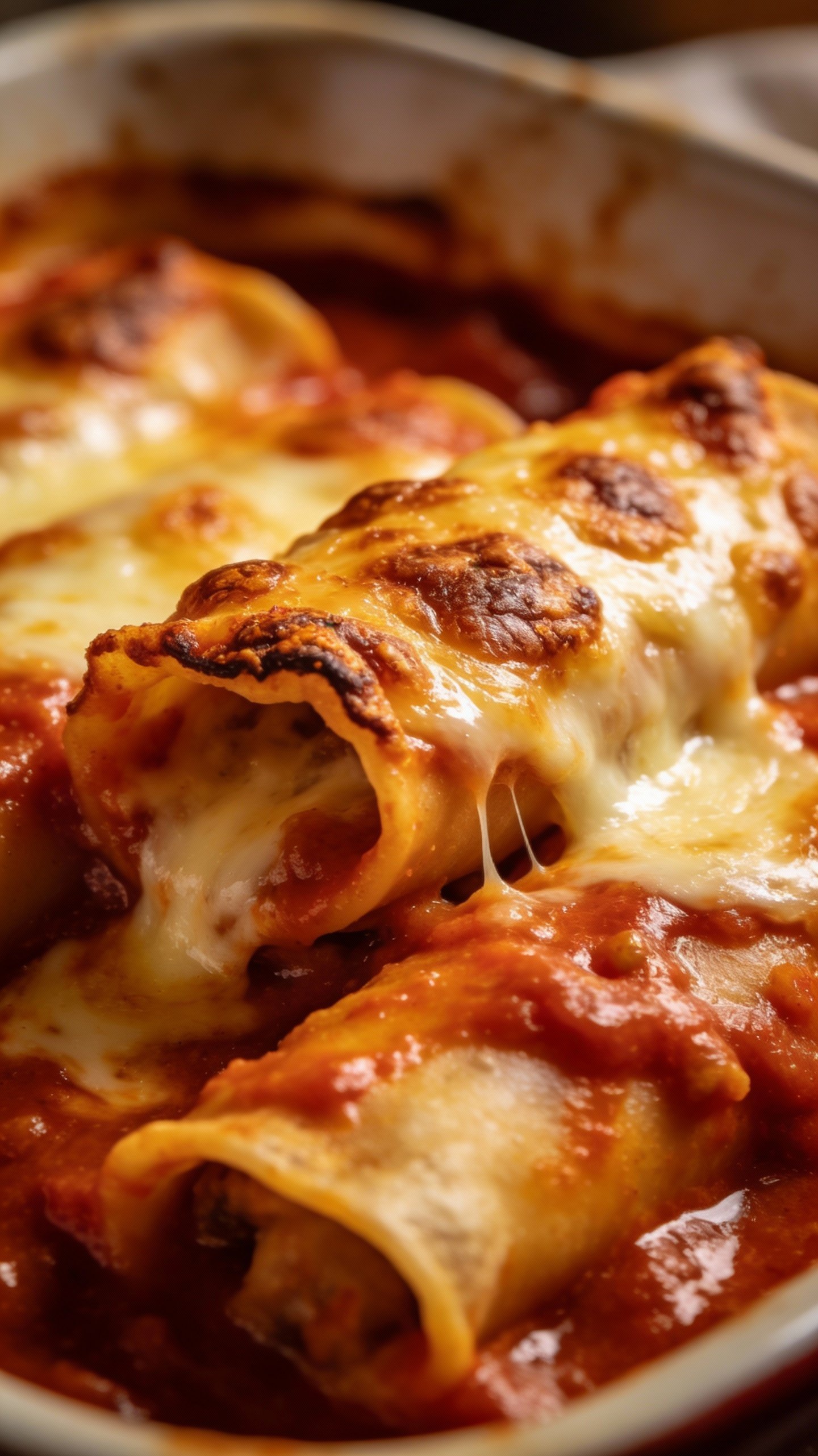 bubbly marinara-covered manicotti, browned cheese crust closeup