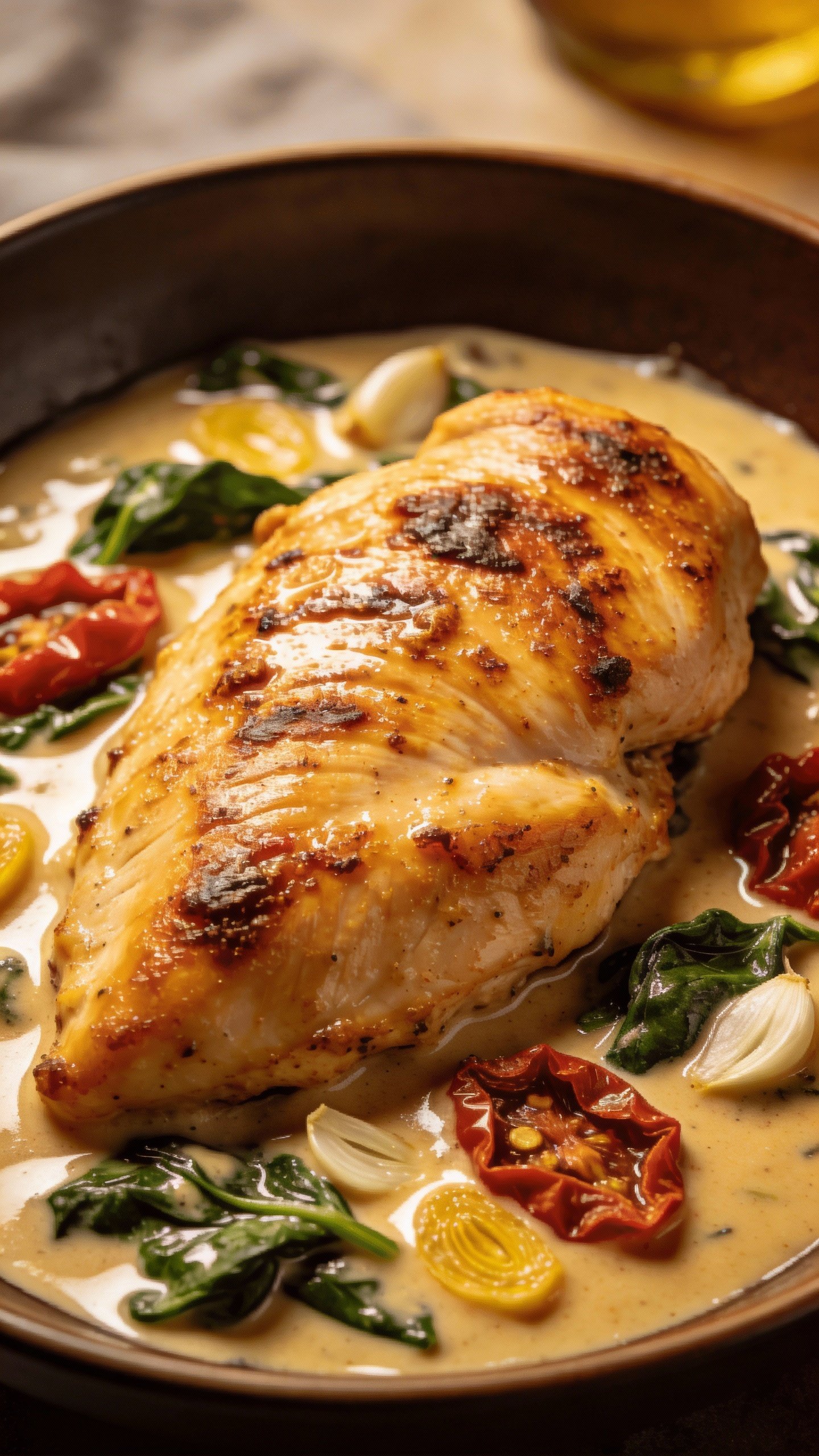 closeup of golden seared chicken breast in creamy Tuscan sauce