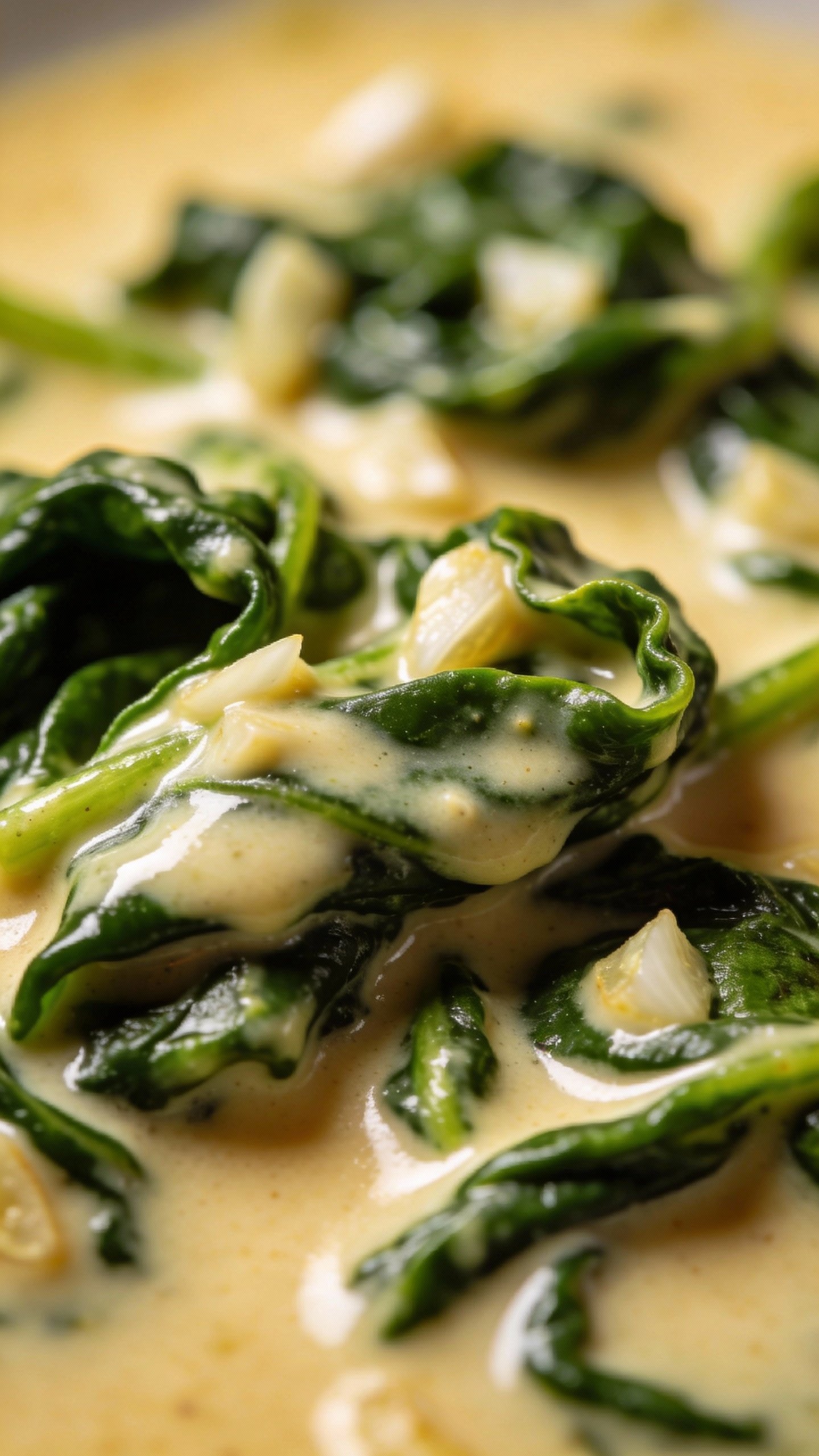 closeup of creamy garlic sauce coating wilted spinach