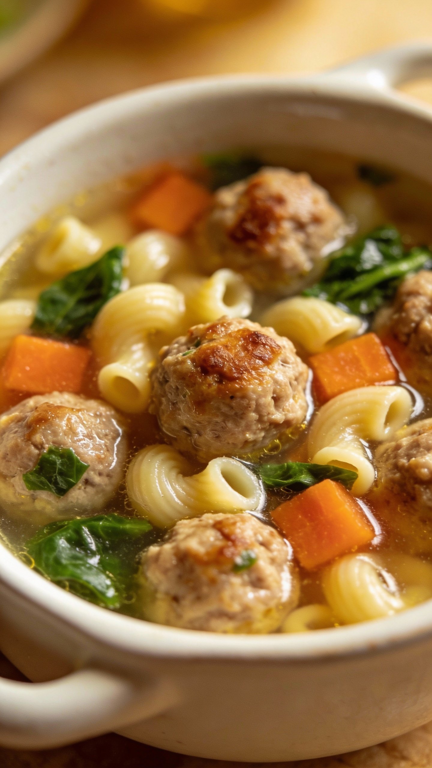 closeup bowl of Italian wedding soup with mini meatballs